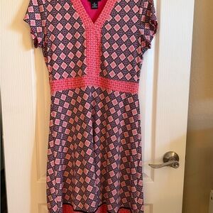 Liz Claiborne Pink and Black Patterned V-Neck Midi Dress